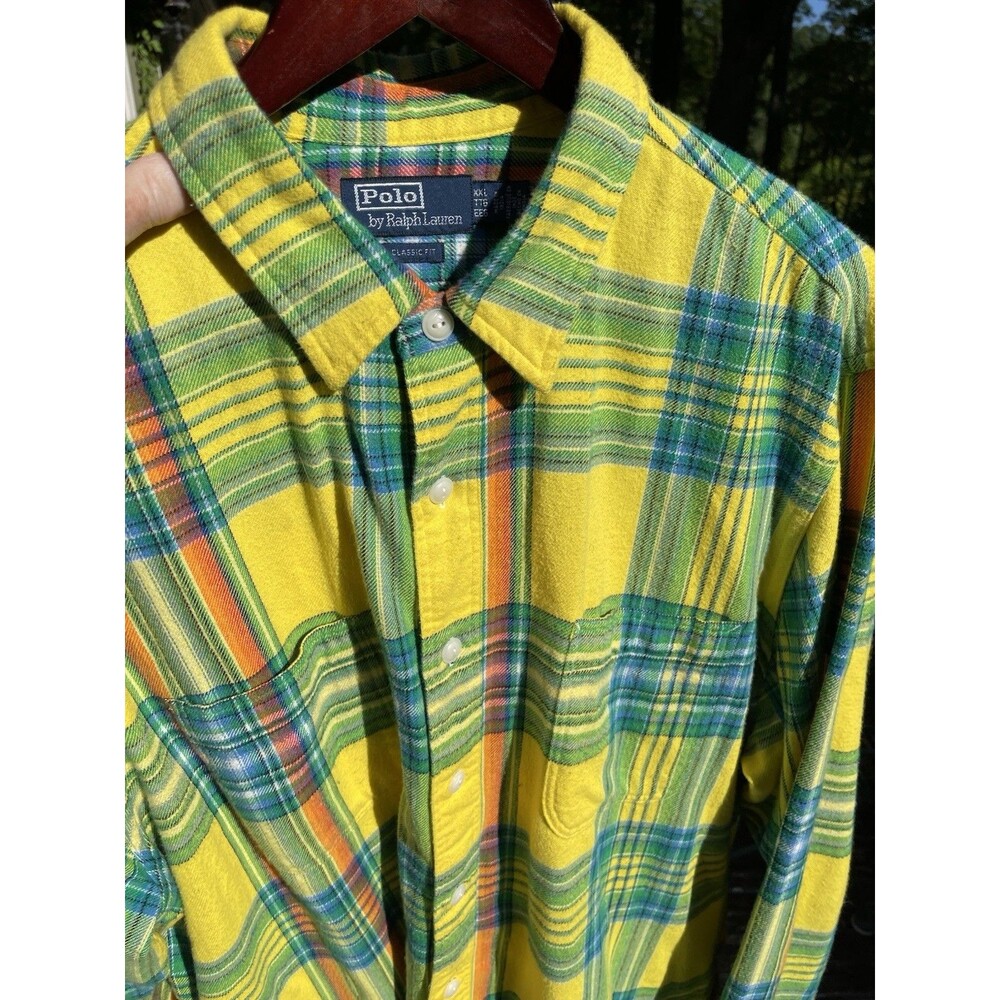 Vtg Polo Ralph Lauren Flannel Shirt Colorful Yellow Plaid LS Men XXL Classic Fit